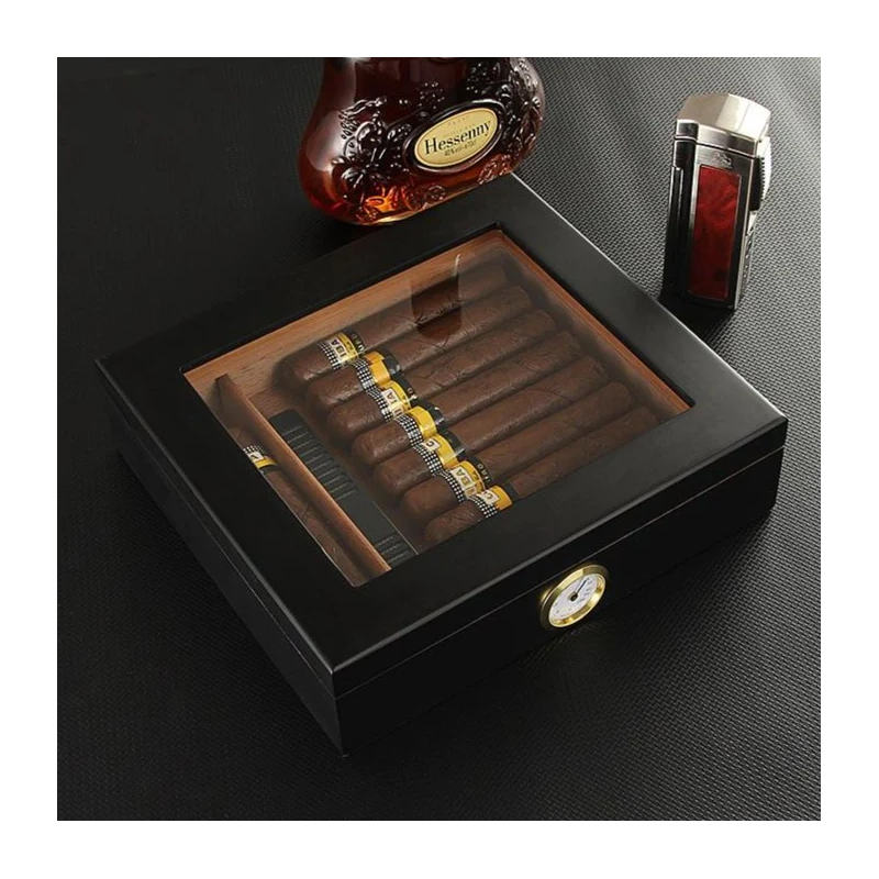 Kedro medžio cigarų dėžutė su drėkintuvu ir higrometru - humidor - juodas