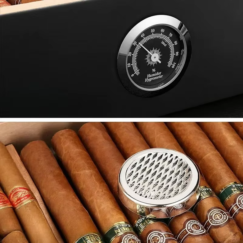 Ispaniško kedro medžio cigarų laikymo dėžutė - humidoras su drėkintuvu ir higrometru
