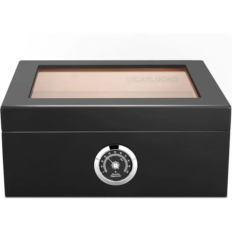 Ispaniško kedro medžio cigarų laikymo dėžutė - humidoras su drėkintuvu ir higrometru