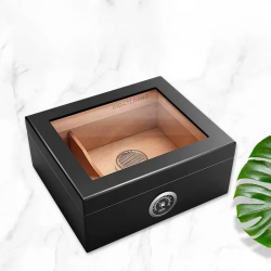 Ispaniško kedro medžio cigarų laikymo dėžutė - humidoras su drėkintuvu ir higrometru