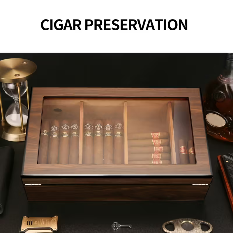 Skaidrus cigarų humidoras su higrometru ir užraktu